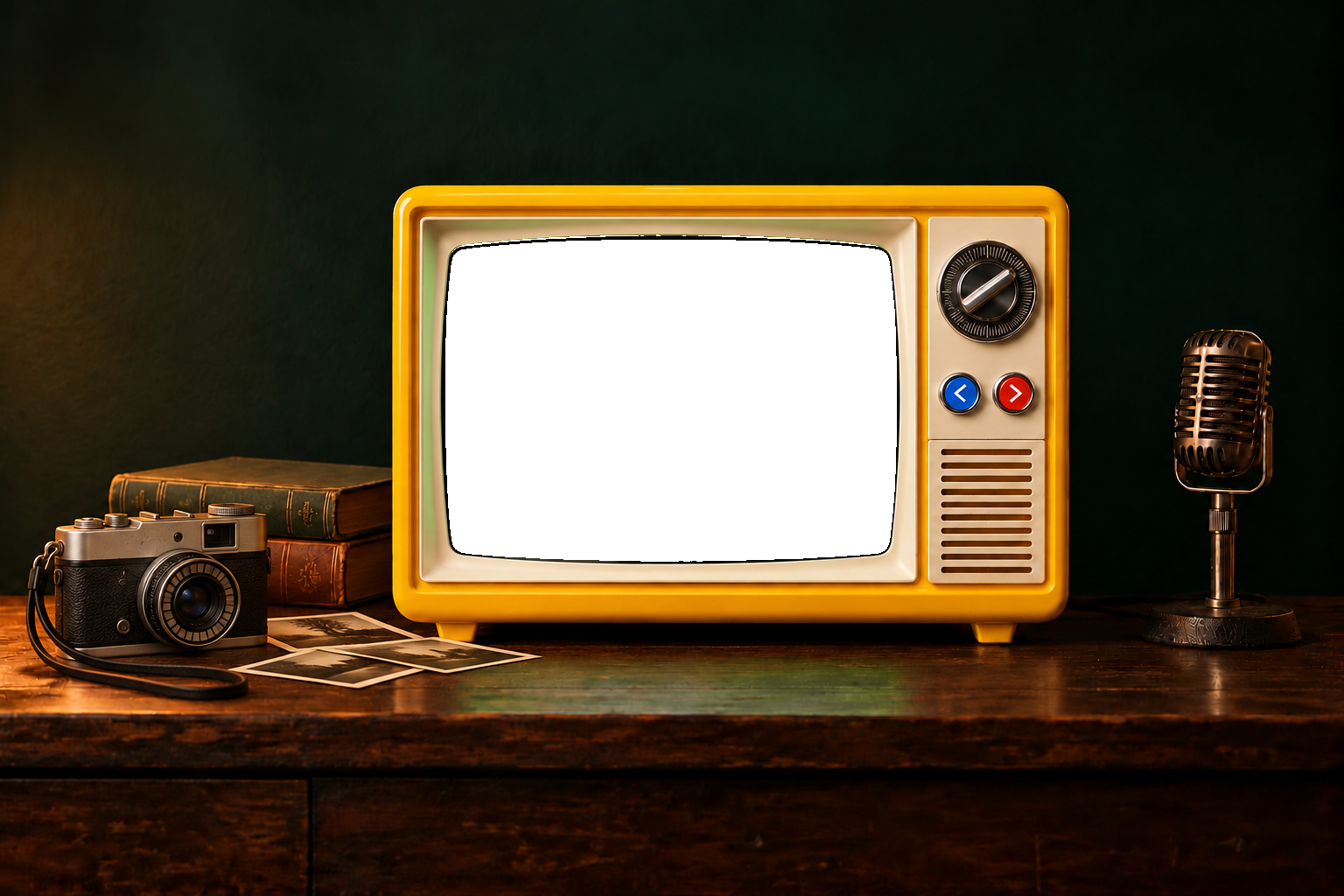TV retrô amarela em cima de uma mesa de madeira, ao lado de uma câmera, livros e um microfone